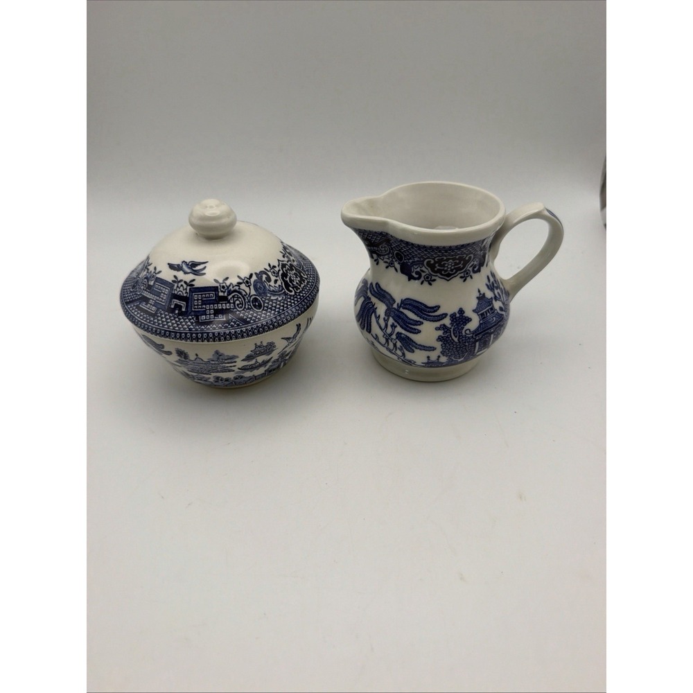 Churchill Blue Willow Sugar & Creamer Vintage Made In England 8.5 OZ.